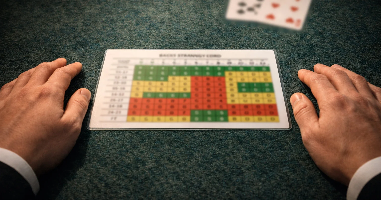 Player studying a blackjack basic strategy chart at a sweepstakes casino table