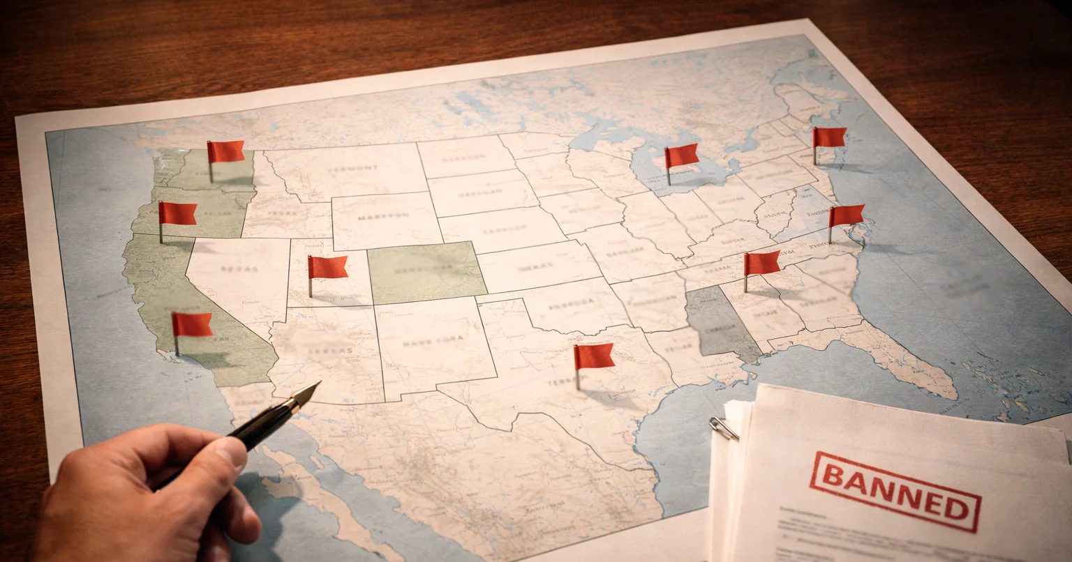 US map highlighting six states that banned sweepstakes casinos in 2025