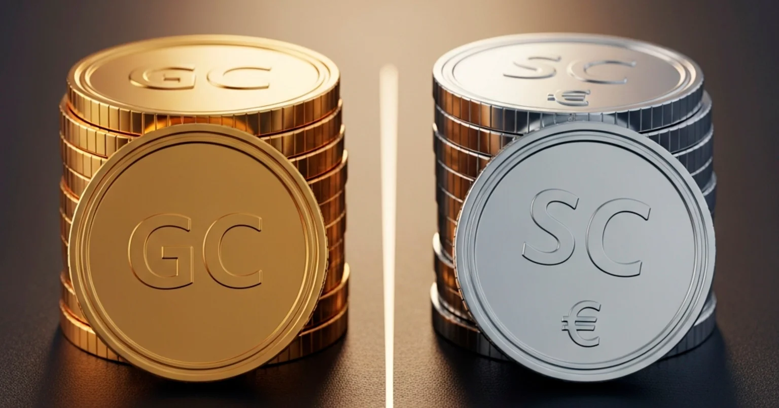 Sweepstakes casino dual currency model showing gold coins and sweeps coins side by side